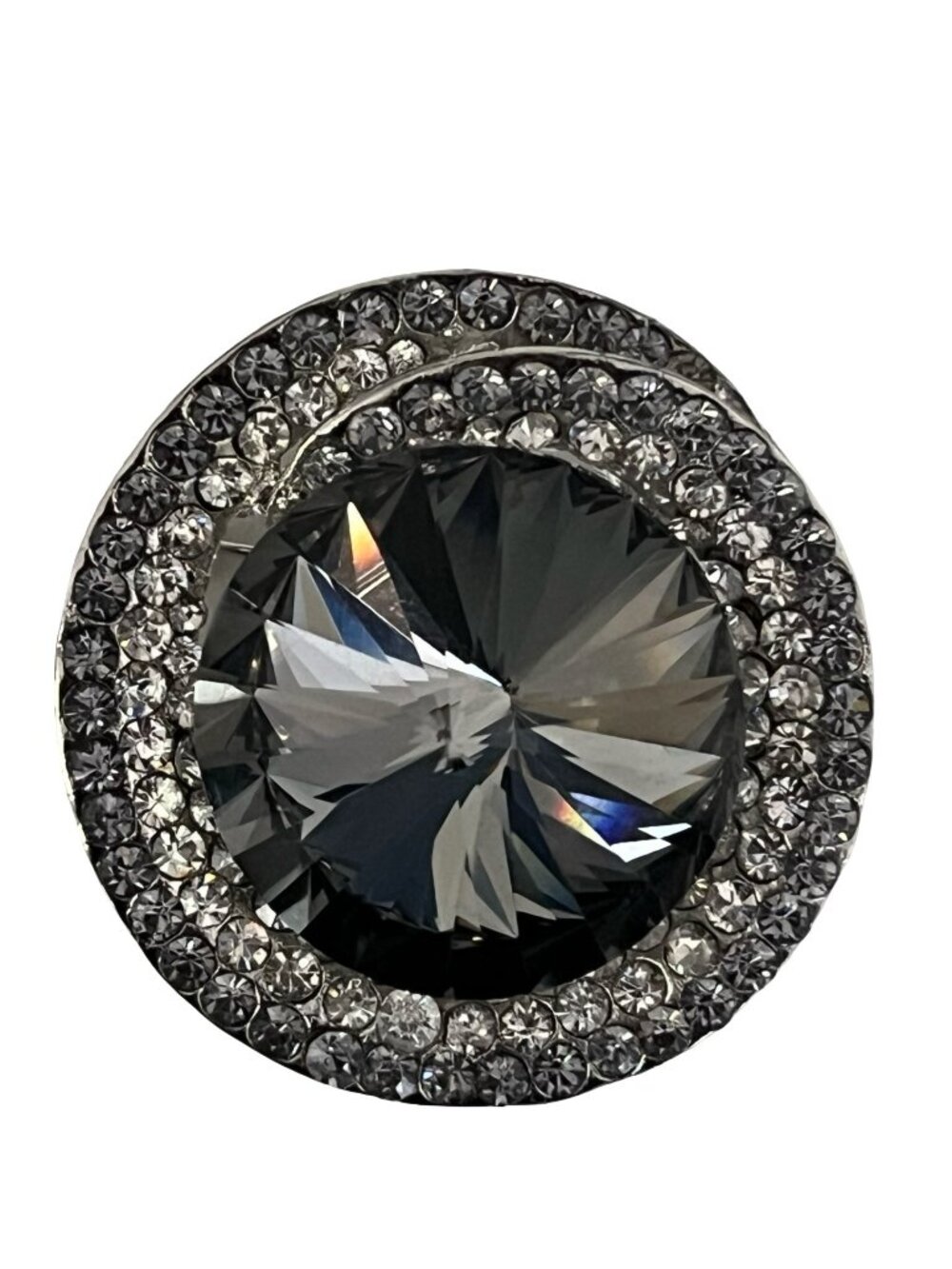 Vintage Rhinestone Brooch Large Gray Crystal Statement Round Silver Tone
